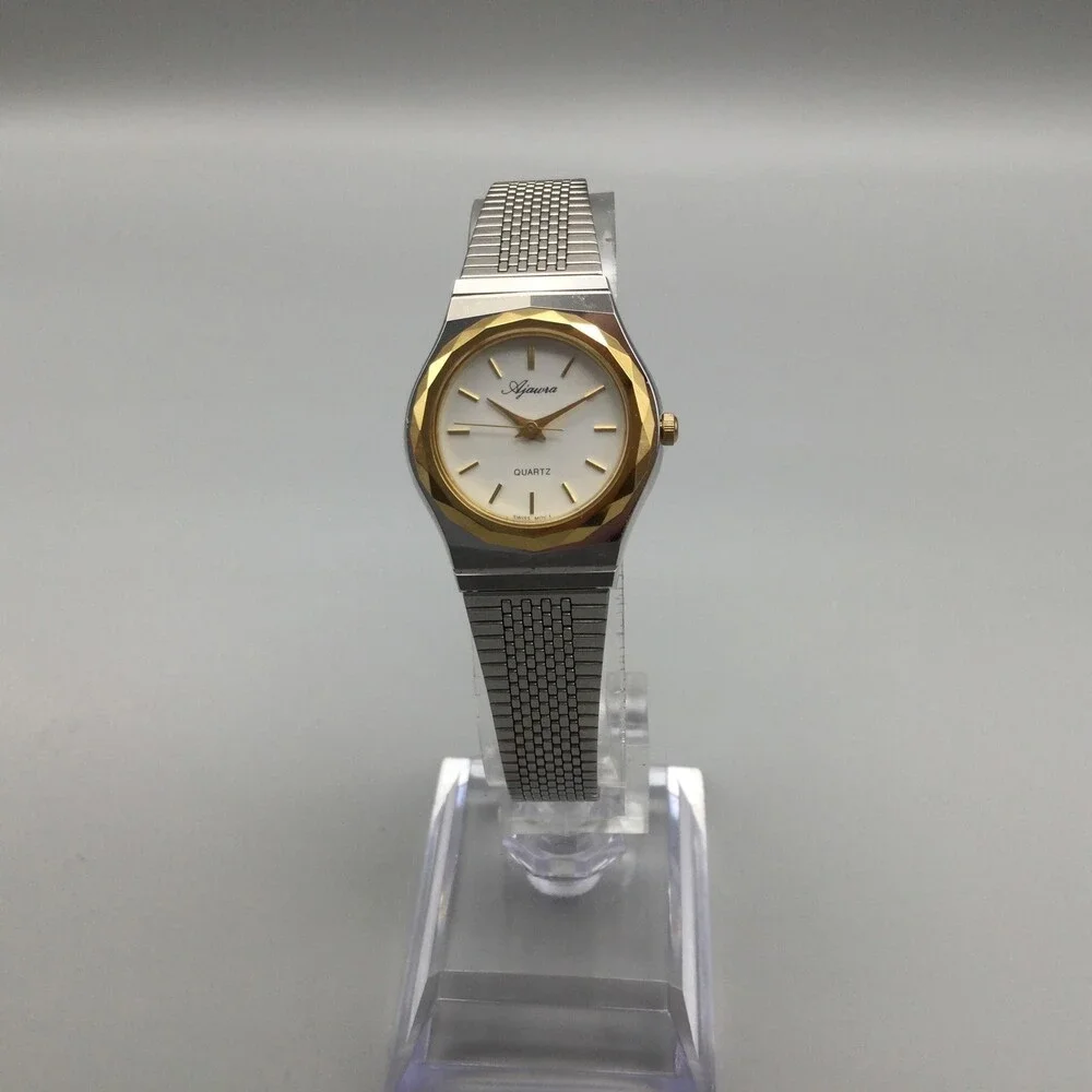 Ajawra Womens Watch 23mm White Dial Two Tone Bracelet Swiss New Battery